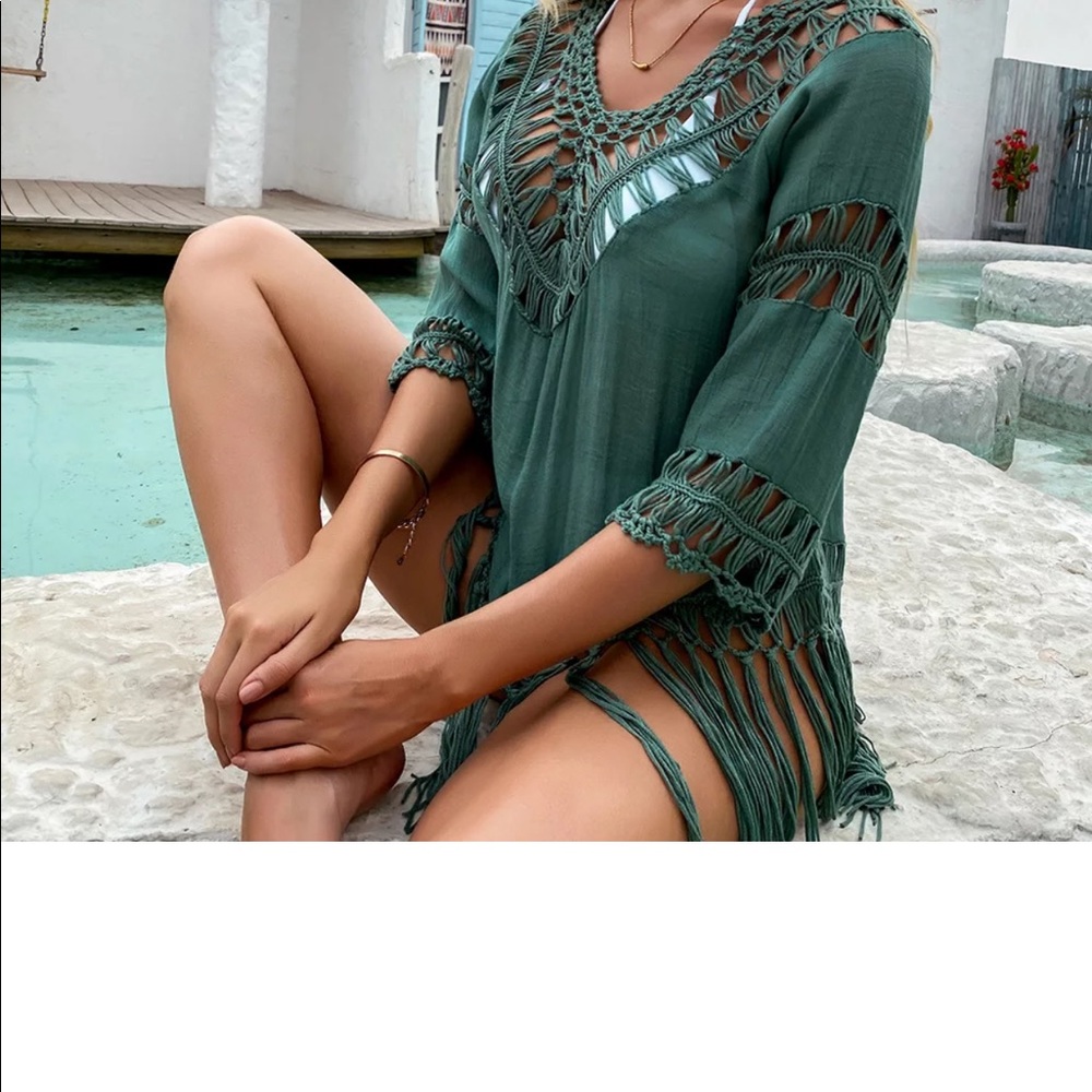 Woman's Crochet Tassel/Fringe Quarter Sleeve Boho Cover Up Shirt